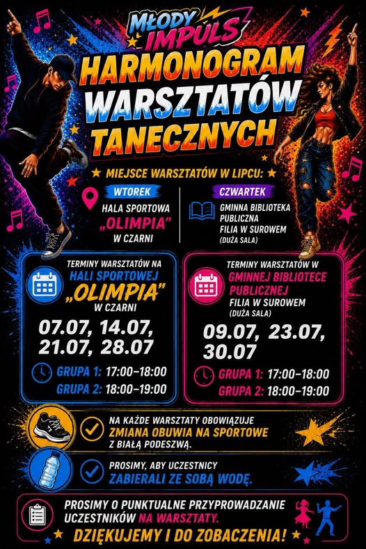 Harmonogram warsztat&oacute;w tanecznych organizowanych przez Młodzerzowa Radę Gminy Czarnia