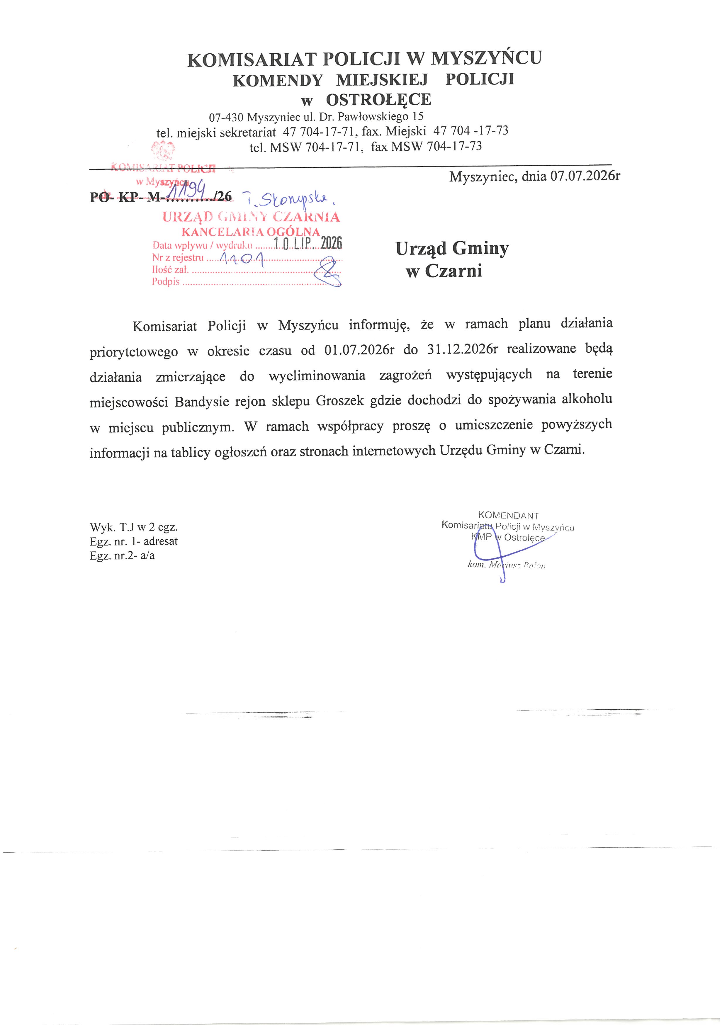 Informacja Komisariatu Policji w&nbsp;Myszyńcu 