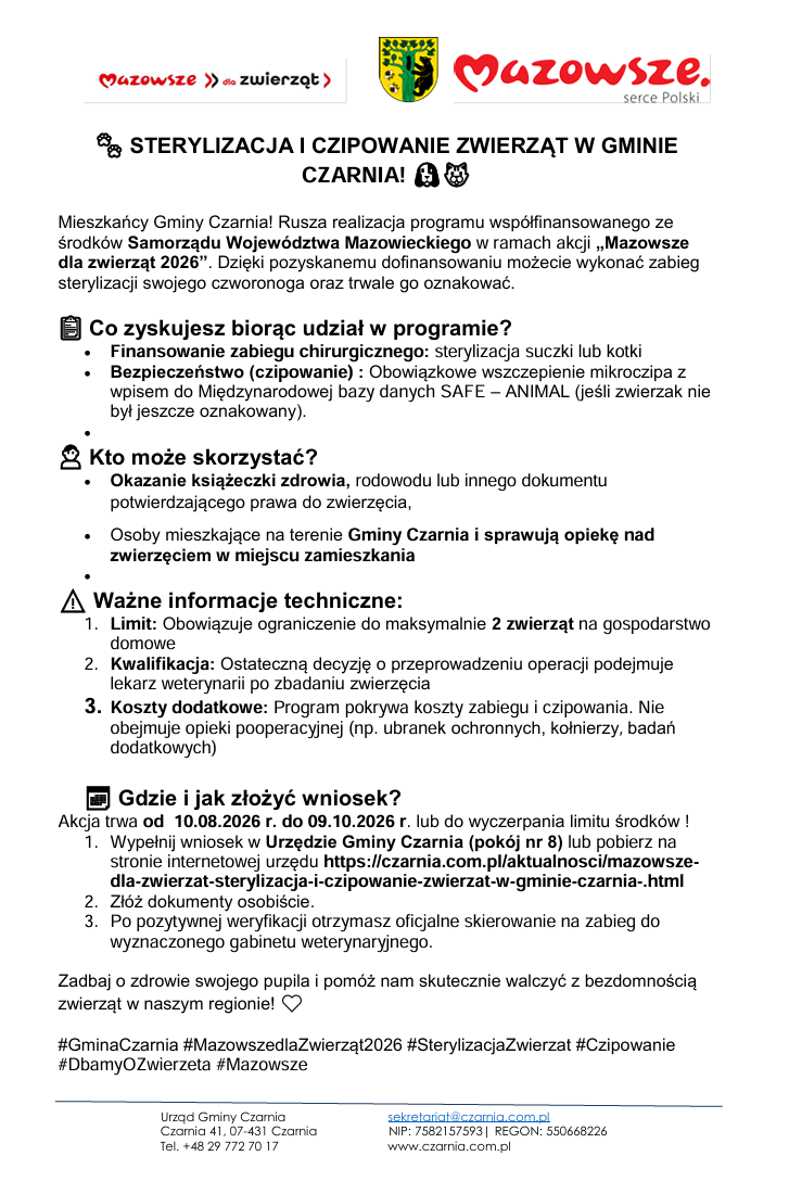 Mazowsze dla zwierząt - STERYLIZACJA I CZIPOWANIE ZWIERZĄT W GMINIE CZARNIA! 