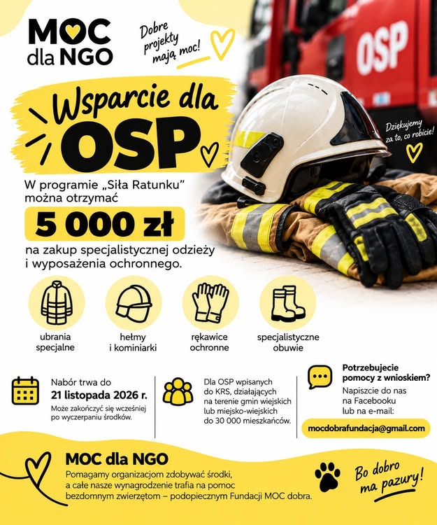 Plakat programu &bdquo;Siła Ratunku &ndash; Wsparcie dla OSP&rdquo;. Jednostki OSP wpisane do KRS i&nbsp;działające na&nbsp;terenach gmin do 30 tys. mieszkańc&oacute;w mogą otrzymać 5 000 zł na&nbsp;zakup odzieży i&nbsp;wyposażenia ochronnego, m.in. ubrań specjalnych, hełm&oacute;w, kominiarek, rękawic i&nbsp;obuwia. Nab&oacute;r trwa do 21 listopada 2026 r. lub&nbsp;do wyczerpania środk&oacute;w. Kontakt: mocdobrafundacja@gmail.com. Na zdjęciu hełm, ubranie i&nbsp;rękawice strażackie na&nbsp;tle pojazdu OSP