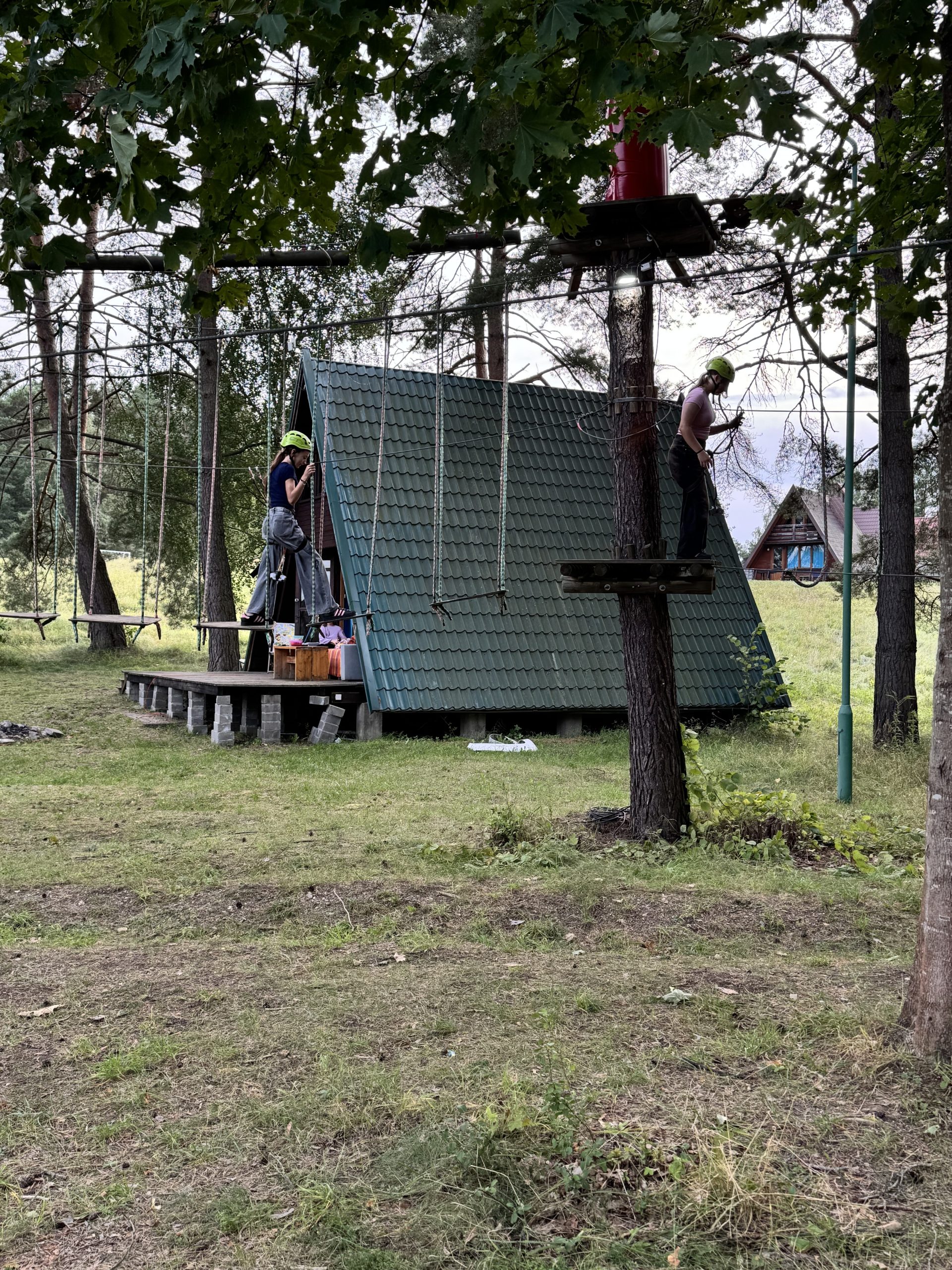 Na zdjęciu widać małą zieloną chatkę wśr&oacute;d drzew