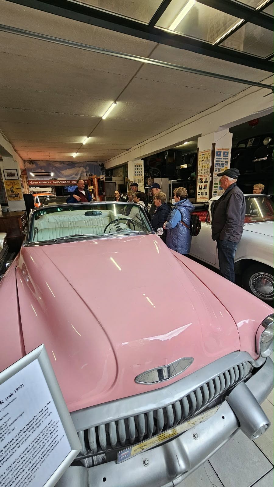Na zdjęciu widać grupę senior&oacute;w w&nbsp;muzeum motoryzacji i&nbsp;techniki. na&nbsp;pierwszy planie znajduję się stary r&oacute;żowy samoch&oacute;d