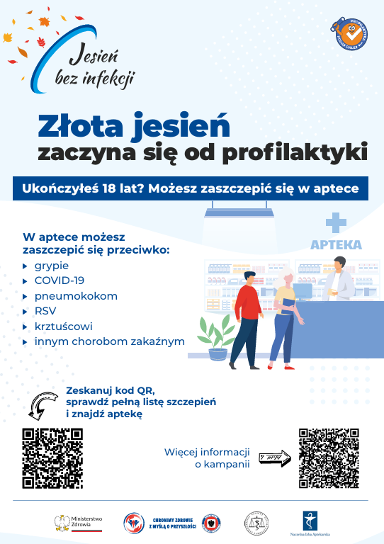 Plakat kampanii &bdquo;Jesień bez infekcji&rdquo; z&nbsp;hasłem &bdquo;Złota jesień zaczyna się od profilaktyki&rdquo;. Informuje, że&nbsp;osoby pełnoletnie mogą zaszczepić się w&nbsp;aptece m.in. przeciw grypie, COVID-19, pneumokokom, RSV i&nbsp;krztuścowi. Na plakacie znajdują się ilustracja pacjent&oacute;w w&nbsp;aptece oraz&nbsp;kody QR prowadzące do listy szczepień, wyszukiwarki aptek i&nbsp;informacji o&nbsp;kampanii.