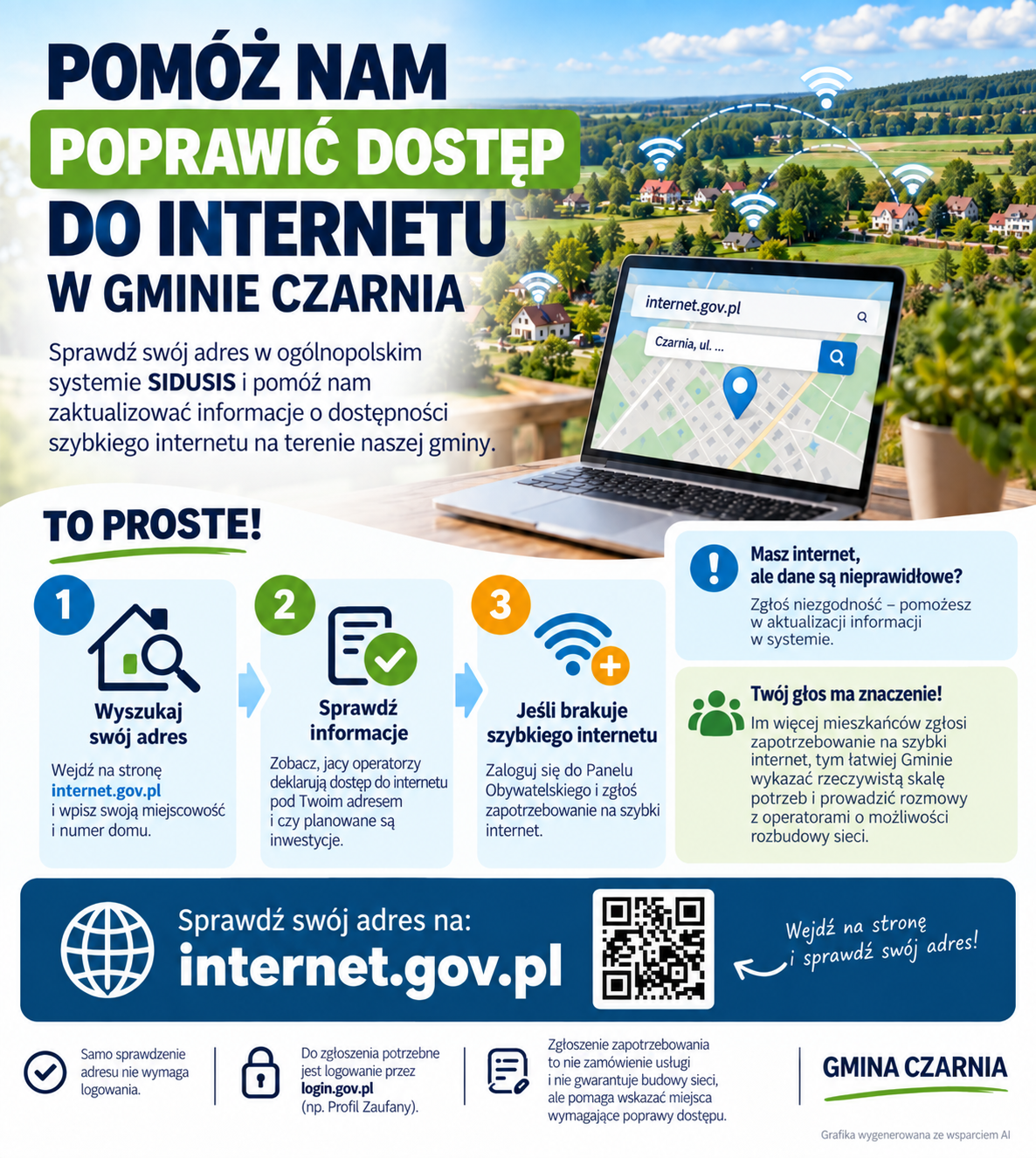 ???? **Pom&oacute;ż nam sprawdzić dostępność internetu w&nbsp;Gminie Czarnia!**  Drodzy Mieszkańcy,  zwracamy się z&nbsp;prośbą o&nbsp;pomoc w&nbsp;aktualizacji informacji dotyczących dostępu do szybkiego internetu na&nbsp;terenie naszej gminy.  Na stronie **internet.gov.pl** działa publiczny system SIDUSIS, w&nbsp;kt&oacute;rym można sprawdzić, jacy operatorzy deklarują dostęp do internetu pod konkretnym adresem oraz&nbsp;czy&nbsp;w danej lokalizacji planowane są inwestycje.  ???? Prosimy mieszkańc&oacute;w o&nbsp;wejście na&nbsp;**https://internet.gov.pl/** i&nbsp;sprawdzenie swojego adresu.  W szczeg&oacute;lności prosimy o&nbsp;zwr&oacute;cenie uwagi:  ✅ czy&nbsp;pod wskazanym adresem prawidłowo pokazano dostępność internetu,  ✅ czy&nbsp;wymienieni operatorzy rzeczywiście mogą podłączyć usługę,  ✅ czy&nbsp;parametry dostępnego internetu odpowiadają rzeczywistości,  ✅ czy&nbsp;widoczna jest planowana inwestycja.  Jeżeli danych brakuje lub&nbsp;są niezgodne ze stanem faktycznym, po zalogowaniu można je **zweryfikować i&nbsp;zgłosić niezgodność**.  Jeżeli pod Twoim adresem nie ma szybkiego internetu albo&nbsp;obecne łącze jest niewystarczające, możesz r&oacute;wnież **zgłosić zapotrzebowanie na&nbsp;szybki internet**.  ???? Jak to zrobić?  1️⃣ Wejdź na&nbsp;**internet.gov.pl**.  2️⃣ Wyszukaj sw&oacute;j adres.  3️⃣ Sprawdź informacje o&nbsp;dostępności internetu.  4️⃣ Jeśli dane są nieprawidłowe &ndash; wybierz możliwość ich weryfikacji.  5️⃣ Jeśli potrzebujesz lepszego dostępu do internetu &ndash; zaloguj się do Panelu Obywatelskiego i&nbsp;zgłoś zapotrzebowanie.  ???? Do samego sprawdzenia adresu nie trzeba się logować. Logowanie jest potrzebne do dokonania zgłoszenia.  **Dlaczego to ważne?**  Rzetelne informacje o&nbsp;miejscach, w&nbsp;kt&oacute;rych nadal brakuje szybkiego i&nbsp;stabilnego internetu, pomagają lepiej określić skalę problemu. Dane te mogą być wykorzystywane przy analizowaniu potrzeb mieszkańc&oacute;w, planowaniu rozwoju sieci oraz&nbsp;rozmowach z&nbsp;operatorami i&nbsp;instytucjami odpowiedzialnymi za rozw&oacute;j infrastruktury szerokopasmowej.  Dlatego szczeg&oacute;lnie zachęcamy do udziału mieszkańc&oacute;w miejscowości i&nbsp;przysi&oacute;łk&oacute;w, w&nbsp;kt&oacute;rych dostęp do internetu jest utrudniony.  ???? **Sprawdź sw&oacute;j adres: https://internet.gov.pl/**  Każde prawidłowo zgłoszone miejsce pomoże nam lepiej pokazać, gdzie dostęp do szybkiego internetu wymaga poprawy.  **Gmina Czarnia**