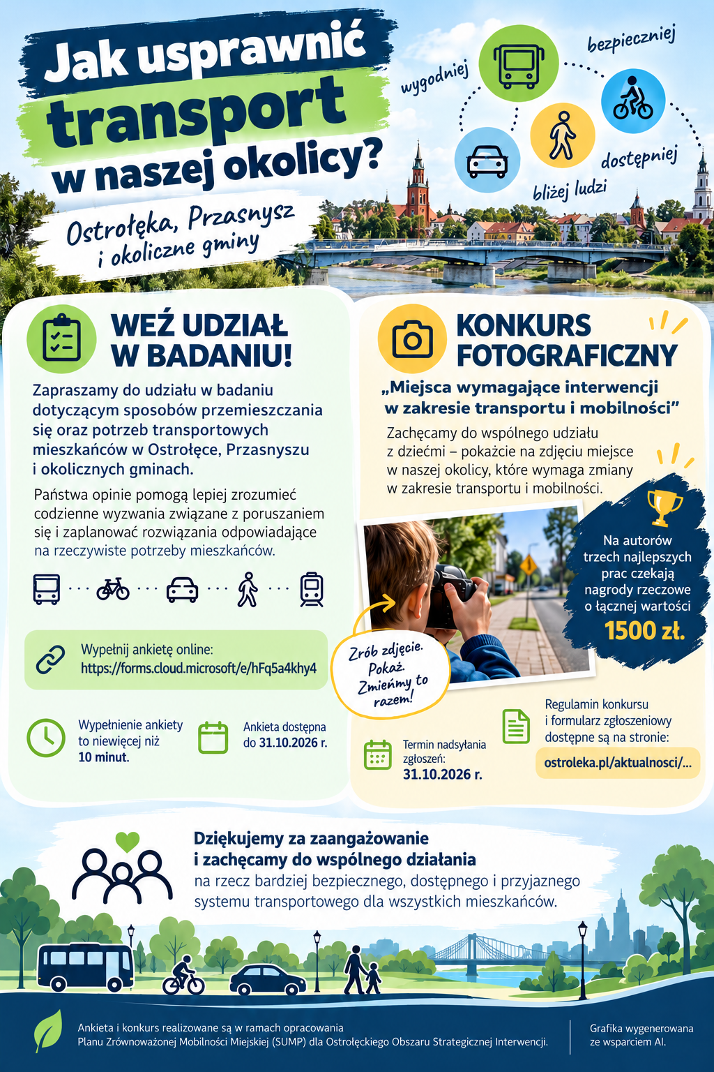 Szanowni Państwo, Drodzy Rodzice,  zapraszamy do udziału w&nbsp;badaniu dotyczącym sposob&oacute;w przemieszczania się oraz&nbsp;potrzeb transportowych mieszkańc&oacute;w w&nbsp;Ostrołęce, Przasnyszu i&nbsp;okolicznych gminach. Państwa opinie pomogą lepiej zrozumieć codzienne wyzwania związane z&nbsp;poruszaniem się i&nbsp;zaplanować rozwiązania odpowiadające na&nbsp;rzeczywiste potrzeby mieszkańc&oacute;w.  Ankieta jest dostępna do 31.10.2026 pod linkiem: https://forms.cloud.microsoft/e/hFq5a4khy4&nbsp; Jej wypełnienie to niewięcej niż 10 minut.  Jednocześnie zachęcamy do wsp&oacute;lnego udziału z&nbsp;dziećmi w&nbsp;konkursie fotograficznym &bdquo;Miejsca wymagające interwencji w&nbsp;zakresie transportu i&nbsp;mobilności&rdquo;.  Na autor&oacute;w trzech najlepszych prac czekają nagrody rzeczowe o&nbsp;łącznej wartości 1500 zł.  Termin nadsyłania zgłoszeń: 31.10.2026 r.  Regulamin konkursu i&nbsp;formularz zgłoszeniowy dostępne są na&nbsp;stronie: https://www.ostroleka.pl/aktualnosci/a/masz_w_okolicy_miejsce_ktore_wymaga_zmiany_pokaz_je_na_zdjeciu  Dziękujemy za zaangażowanie i&nbsp;zachęcamy do wsp&oacute;lnego działania na&nbsp;rzecz bardziej bezpiecznego, dostępnego i&nbsp;przyjaznego systemu transportowego dla wszystkich mieszkańc&oacute;w.  Ankieta i&nbsp;konkurs realizowane są w&nbsp;ramach opracowania Planu Zr&oacute;wnoważonej Mobilności Miejskiej (SUMP) dla Ostrołęckiego Obszaru Strategicznej Interwencji.