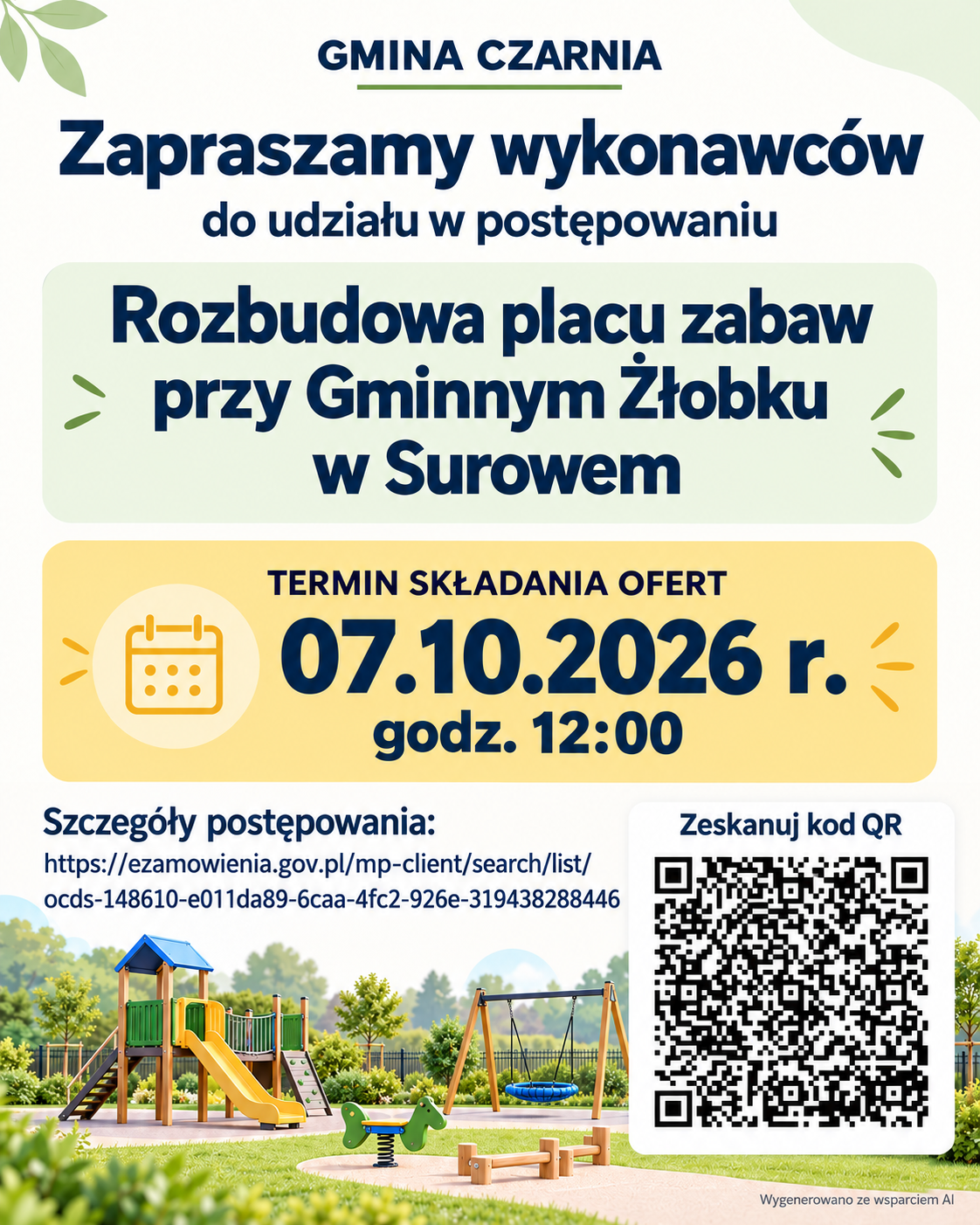 Gmina Czarnia informuje o&nbsp;trwającym postępowaniu "Rozbudowa placu zabaw przy Gminnym Żłobku w&nbsp;Surowem" Termin składania ofert mija 07.10.2026r. o&nbsp;godz. 12:00 Zapraszamy Wykonawc&oacute;w do udziału w&nbsp;postępowaniu poniżej link do strony prowadzonego postępowania:  https://ezamowienia.gov.pl/.../ocds-148610-e011da89-6caa...