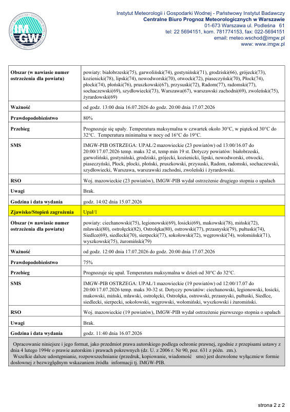 WOJEW&Oacute;DZTWO MAZOWIECKIE OSTRZEŻENIA  METEOROLOGICZNE  ZBIORCZO  NR 189