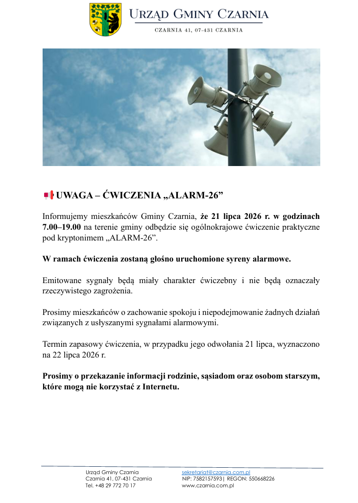 Uwaga - Ćwiczenia "ALARM-26"  