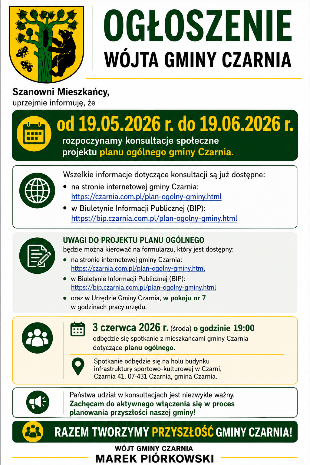 Informujemy o&nbsp;rozpoczęciu konsultacji społecznych projektu Planu Og&oacute;lnego Gminy Czarnia