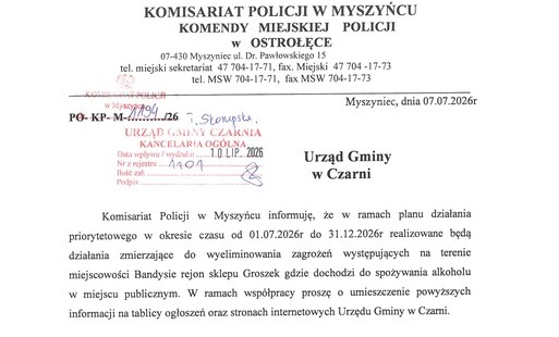 Informacja Komisariatu Policji w Myszyńcu 