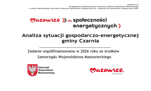 Biała plansza informacyjna programu „Mazowsze dla społeczności energetycznych”. Główny napis: „Analiza sytuacji gospodarczo-energetycznej gminy Czarnia ”. Zadanie współfinansowano w 2026 roku ze środków Samorządu Województwa Mazowieckiego. W prawym górnym