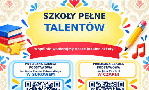 Wspólnie wspierajmy nasze lokalne szkoły!     Ruszyła kolejna edycja akcji „Szkoły Pełne Talentów” w sieci Lidl! To doskonała okazja, aby w prosty sposób doposażyć placówki edukacyjne w naszej Gminie w nowoczesny sprzęt sportowy, pomoce dydaktyczne czy gry planszowe. Każdy z nas robi zakupy – połączmy siły i przekażmy zebrane punkty na rzecz naszych uczniów!    Jak to działa? To bardzo proste!   Zrób zakupy w sklepach Lidl za min. 50 zł (w tym min. jedno warzywo lub owoc). Odbierz Talenciaka (papierowy kupon z kodem QR) przy kasie. Przekaż punkt wybranej szkole z terenu naszej gminy.