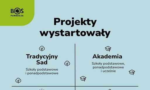Grafika Fundacji BOŚ informująca o rozpoczęciu naboru do czterech projektów edukacyjnych. „Tradycyjny Sad” jest przeznaczony dla szkół podstawowych i ponadpodstawowych, „Akademia” – dla szkół podstawowych, ponadpodstawowych i uczelni, „Postaw na słońce” – dla klas 6–8 i szkół ponadpodstawowych, natomiast „Zdrowo jem, więcej wiem” – dla zerówek i klas 1–3. Na dole znajduje się przycisk z napisem „Zgłoś się”.
