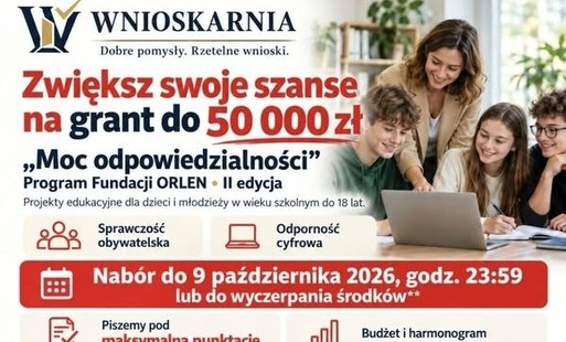Do 50 000 zł na projekty edukacyjne dla dzieci i młodzieży! Prowadzicie fundację, stowarzyszenie, szkołę lub bibliotekę? Macie pomysł na warsztaty, młodzieżowe debaty, naukę rozpoznawania dezinformacji albo działania zachęcające młodych ludzi do aktywności społecznej? Warto sprawdzić II edycję programu „Moc odpowiedzialności” Fundacji ORLEN! ???? Program wspiera projekty dla dzieci i młodzieży w wieku szkolnym, które nie ukończyły 18 lat, w dwóch obszarach: ???? Sprawczość obywatelska — współpraca, dialog, podejmowanie decyzji, inicjatywy młodzieżowe i zaangażowanie w życie lokalnej społeczności. ???? Odporność cyfrowa — rozpoznawanie manipulacji i fałszywych informacji, ocena wiarygodności źródeł oraz świadome korzystanie z nowych technologii, w tym AI. ???? Maksymalny grant: 50 000 zł. ???? Nabór do 9 października 2026 r., godz. 23:59. Z informacji przekazanej nam przez Fundację wynika, że może zakończyć się wcześniej po wyczerpaniu środków. Kto może aplikować? ✅ Publiczne szkoły podstawowe i ponadpodstawowe. ✅ Fundacje i stowarzyszenia zajmujące się edukacją, zarejestrowane w KRS od minimum 2 lat. ✅ Biblioteki publiczne i pedagogiczne. ✅ Samorządy oraz ich jednostki należące do sektora finansów publicznych. Regulamin wymaga również co najmniej 2 lat działalności edukacyjnej i doświadczenia w podobnych projektach. Przed rozpoczęciem współpracy sprawdzamy warunki udziału oraz sposób reprezentacji wnioskodawcy. ✍️ Wnioskarnia pomoże Wam przygotować wniosek! Piszemy pod maksymalną punktację: analizujemy kryteria konkursu i dopracowujemy pomysł, opis działań, budżet, harmonogram oraz rezultaty projektu. Zespół omawia koncepcję, jedna osoba przygotowuje wniosek, a druga go sprawdza. Konsultujemy z Wami treść i wprowadzamy uzgodnione poprawki przed złożeniem. Możecie porozmawiać z nami telefonicznie, a zasady współpracy określamy w umowie. ???? Koszt przygotowania wniosku: 300 zł. ⏱ Czas przygotowania: 8 godzin od otrzymania kompletu danych i potwierdzenia zlecenia. ???? Napiszcie, jaką organizację reprezentujecie, w jakiej miejscowości działacie i jaki macie pomysł. Sprawdzimy, czy pasuje do programu! ???? 690 499 567 ✉️ [biuro@wnioskarnia.pl](mailto:biuro@wnioskarnia.pl) ???? Możecie też napisać do Wnioskarni na Messengerze. Znacie organizację, której przyda się taka możliwość? Udostępnijcie jej ten post! ???? Wnioskarnia oferuje niezależną usługę przygotowania wniosku. Organizatorem programu i podmiotem decydującym o przyznaniu grantu jest Fundacja ORLEN. #Wnioskarnia #Dotacje #NGO #MocOdpowiedzialności