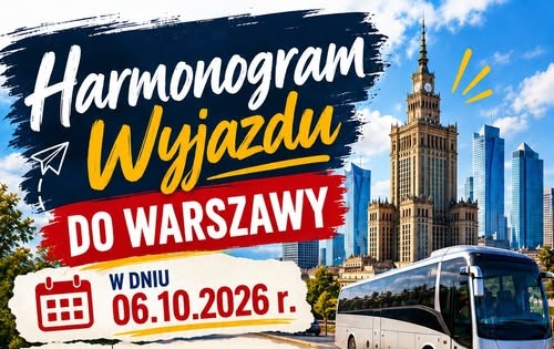 Plakat z harmonogramem wyjazdu do Warszawy 6 października 2026 roku. Odjazdy uczestników: godzina 9:00 – OSP Czarnia, 9:10 – PSP Surowe, 9:20 – CUS Długie oraz 9:30 – OSP Bandysie. O godzinie 12:45 zaplanowano wizytę w Uniwersytecie Otwartym Uniwersytetu Warszawskiego, o 16:30 poczęstunek w Restauracji Buffo, a o 18:00 spektakl „Piotruś Pan” w Studio Buffo. Planowany wyjazd w drogę powrotną do Czarni o godzinie 20:30. Na plakacie widoczne są autokar, panorama Warszawy oraz zdjęcia Uniwersytetu Warszawskiego, restauracji i spektaklu.